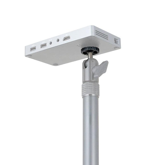 A close-up shows a silver adjustable pole attached to a rectangular device with USB and HDMI ports, featuring the 20mm Metal Ball to 1/4-20 Camera Bolt Adapter secured by a tightening knob.