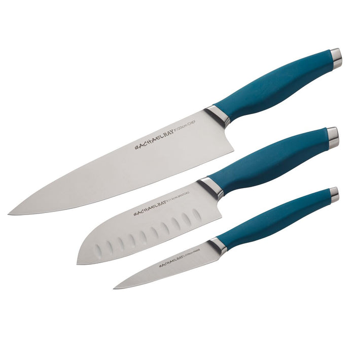 The 3-Piece Assorted Cutlery Knife Set features a chef knife as the centerpiece, crafted from Japanese stainless steel with blue handles arranged in descending size order.