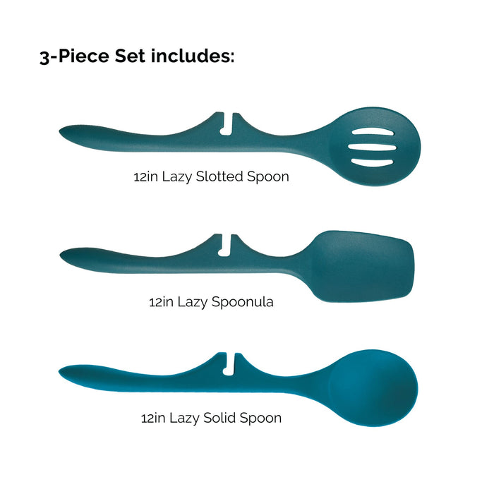Introducing the 3-Piece Lazy Tool Set in teal: a versatile collection including a slotted spoon, spoonula, and solid spoon. These heat-resistant nylon cooking utensils are ideal for all your culinary adventures.