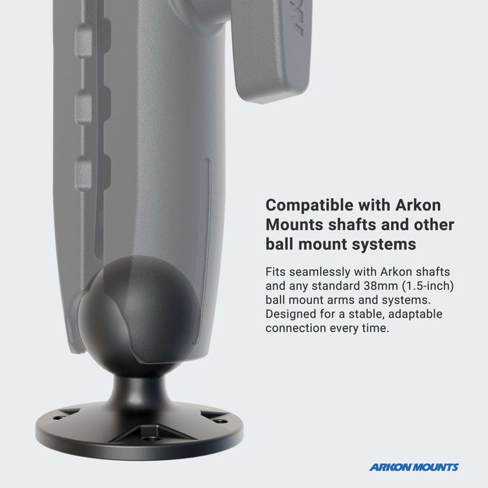 A close-up displays the Circular 38mm (1.5 inch) Ball to 4-Hole AMPS Adapter featuring a sturdy black base and semi-transparent shaft, compatible with Arkon Mounts shafts and standard 4-hole AMPS arms and systems.
