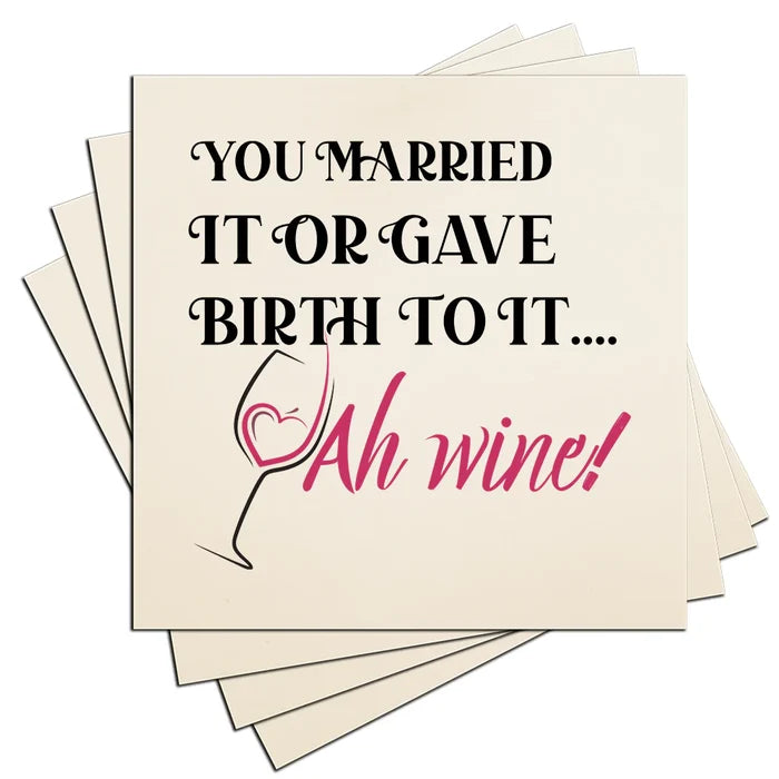 4" Square Ceramic Coaster Set Funny "I Love Wine" Collection - Ah Wine, 4/Box, 2/Case, 8 Pieces. - Christmas by Krebs Wholesale