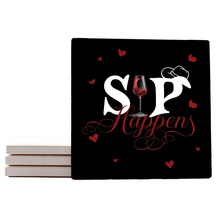 4" Square Ceramic Coaster Set Funny "I Love Wine" Collection - Sip Happens, 4/Box, 2/Case, 8 Pieces. - Christmas by Krebs Wholesale