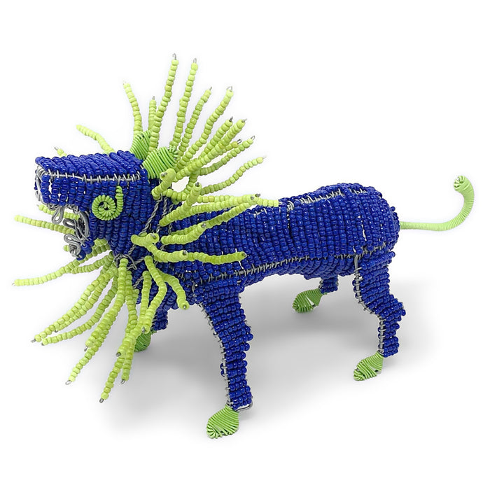 African Fair Trade 7.5-inch Beaded Lion Figurine, Blue
