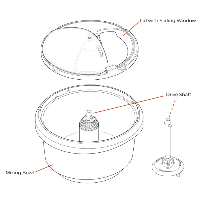 Technical illustration of the NutriMill artiste lid, drive shaft, and mixing bowl