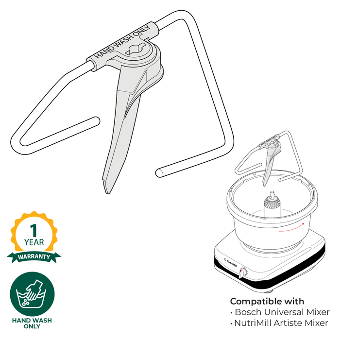 Technical illustration of the NutriMill Artiste and its dough hook, along with warranty and care information