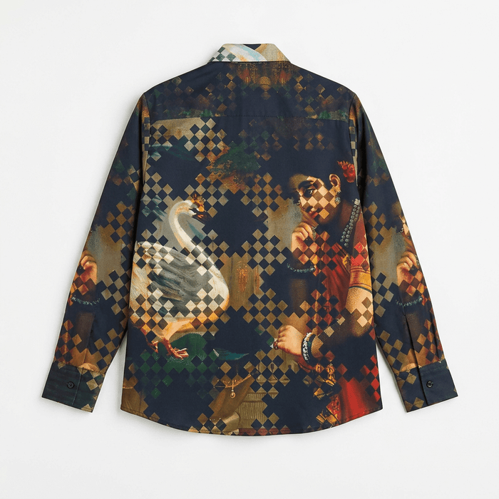 Damayanti's Secret shirt for men in black Giza cotton, back view, with a woman and swan in a checked pattern