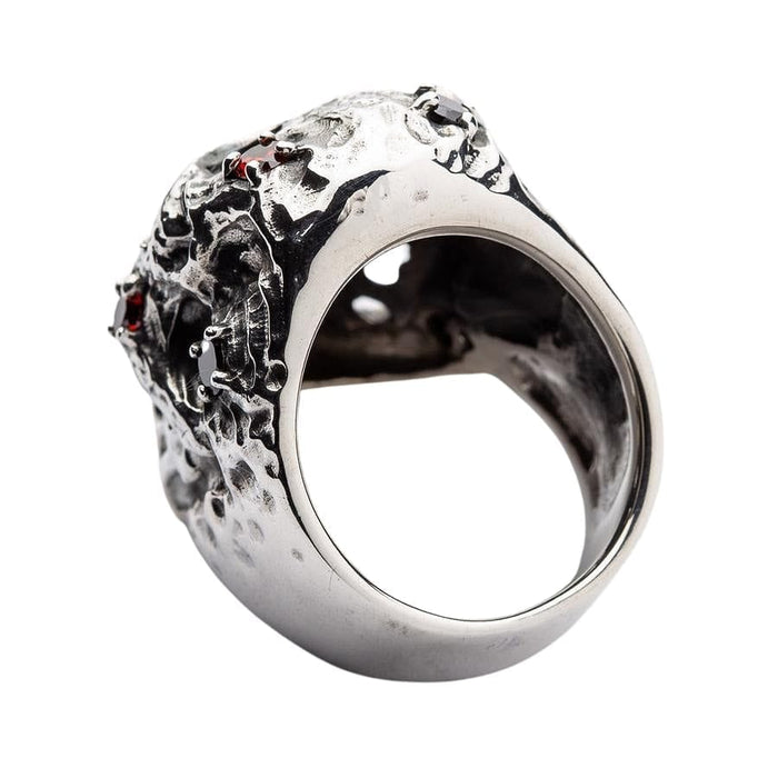 The back view of the heavy biker skull ring, displaying its solid sterling silver band construction.