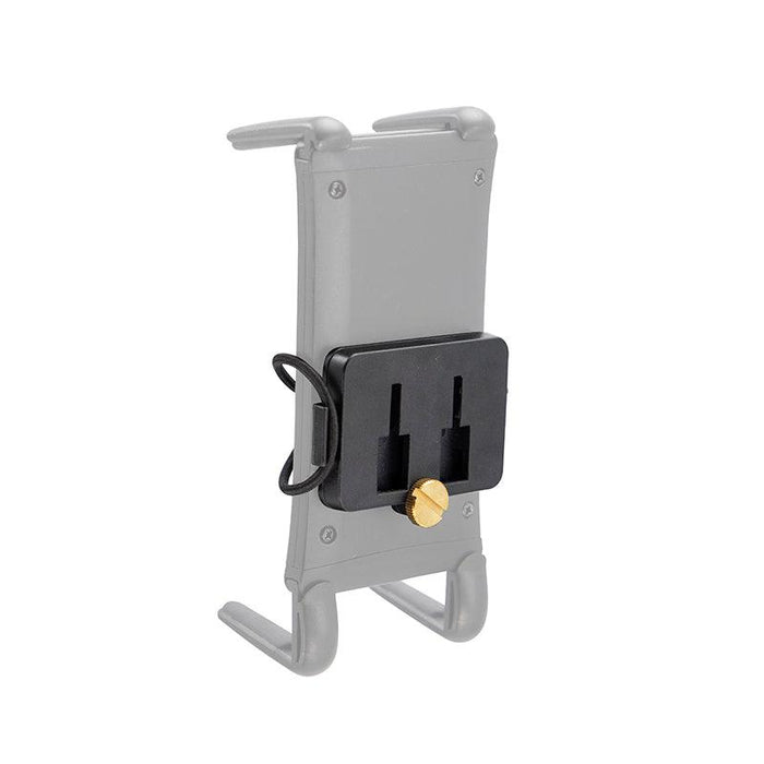 The Elastic Securing Strap Handlebar Mount Adapter is a gray universal phone holder featuring a black mounting bracket, gold tightening knob, and handlebar mount adapter for secure attachment to surfaces or tripod mounts.