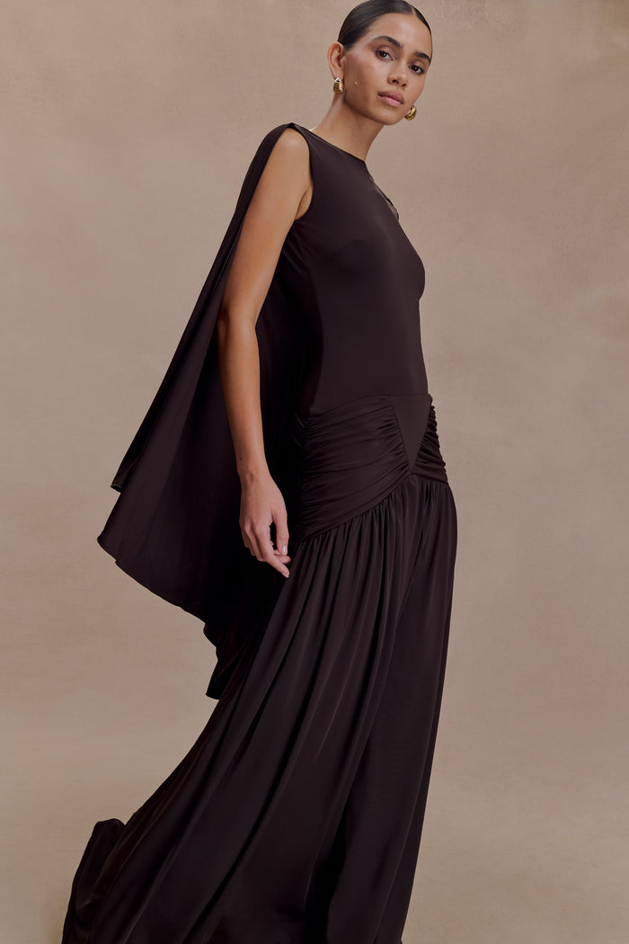 Emory Jersey Cape Maxi Dress - Chocolate