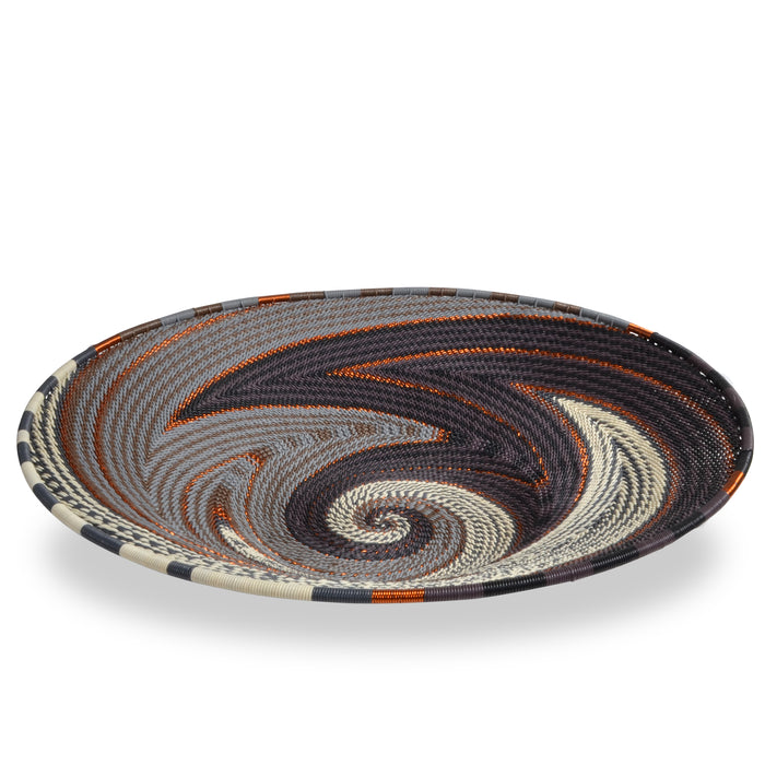 Fair Trade Zulu Telephone Wire 12-inch Platter Basket, Intricate Swirl, Gray Mist