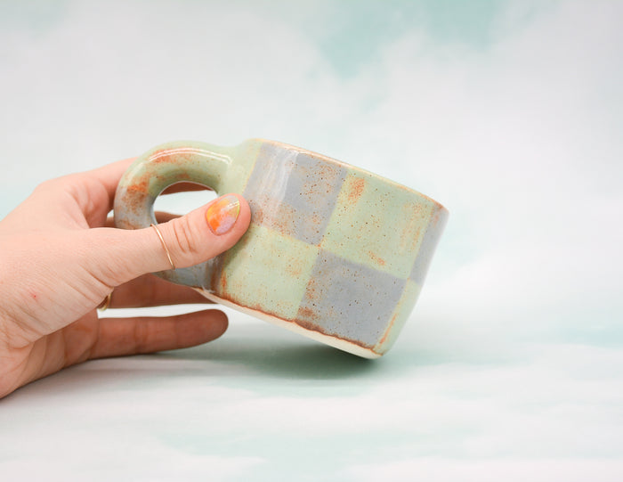 Green and Blue Shino Checkerboard Mug