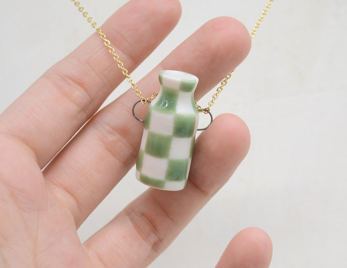Green Checkerboard Pot Necklace - Juice Ceramics