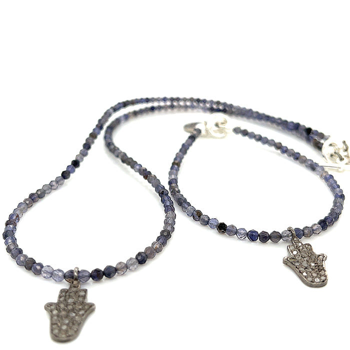 Iolite gemstone bracelet with Diamond Hamsa pendant