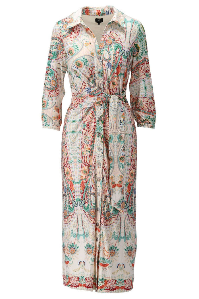 K-Design Y112 Beige Print Maxi Shirt Dress With Belt - Dotique