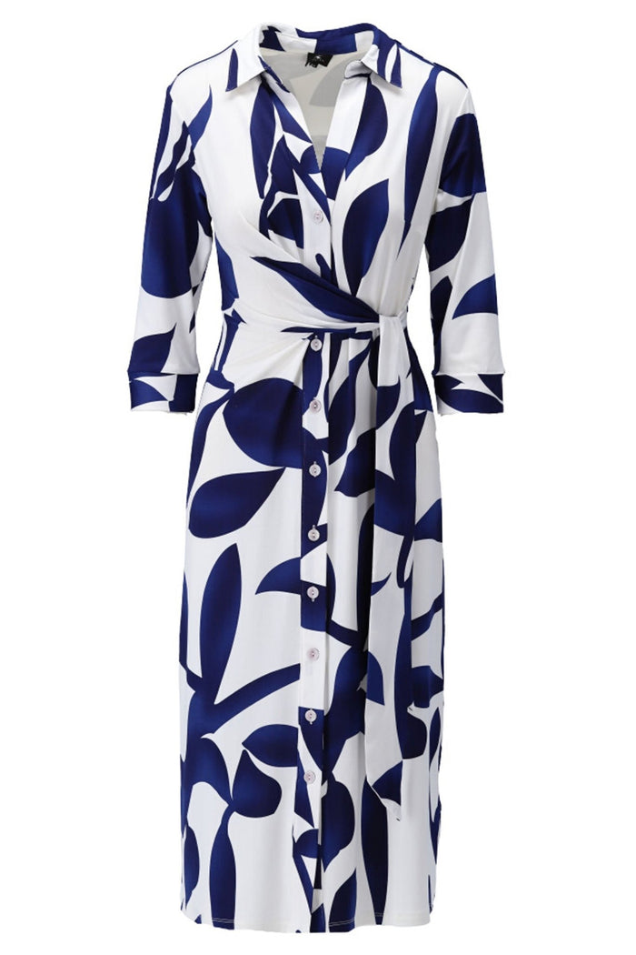 K-Design Y326 Navy Blue White Geometric Design Midi Shirt Dress - Dotique