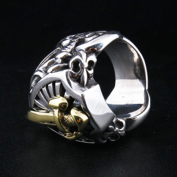A perspective shot of the bold Knight Templar style ring, emphasizing its powerful presence.