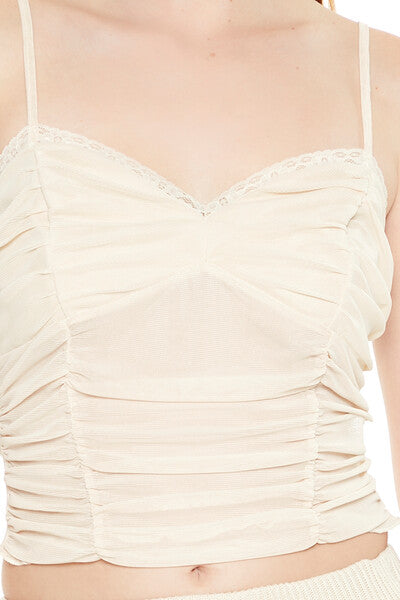 Lace-Trim Ruched Mesh Cami