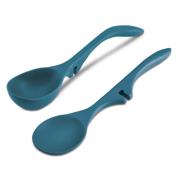 The Lazy Ladle and Spoon Set includes two blue kitchen spoons with ergonomic handles, making them ideal companions for your favorite nonstick cookware.