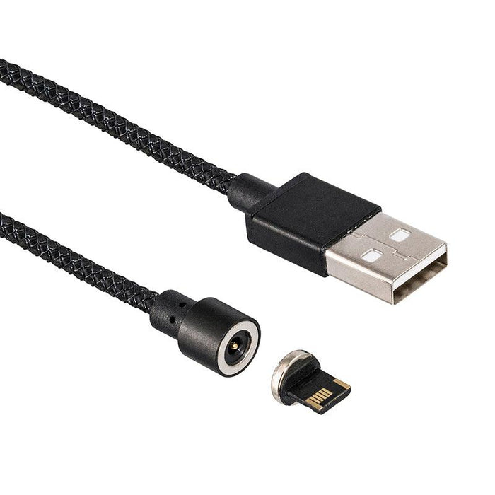 The LockVise™ Metal Locking Tablet Mount with Drill Base and Magnetic Lightning Charge Cable includes a black braided USB cable with a detachable magnetic connector, perfect for charging devices in fleet or commercial tablet holders.