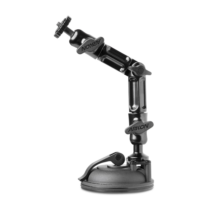 The Arkon Multi-Angle Suction Cup Camera Mount features a black heavy-duty base, articulated arm with tightening knobs, and top attachment pointโideal for versatile camera mounting.