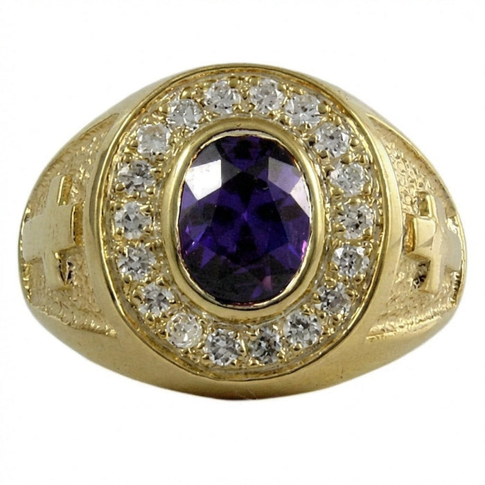 Top view of natural amethyst bishop ring with sparkling diamond CZ halo and dual cross shoulders