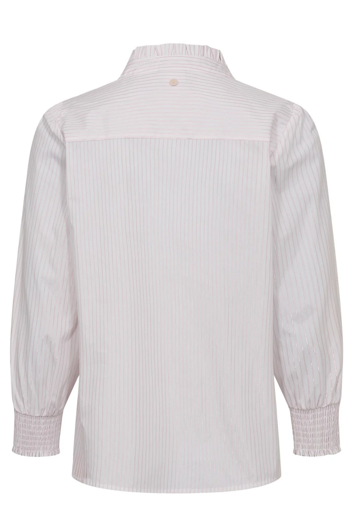 Back view of Numph 707070 Nulili Blouse Pink Lady featuring thin vertical stripes, smocked cuffs, and a subtle mandarin collar by Numph. Shop Numph at Dotique.