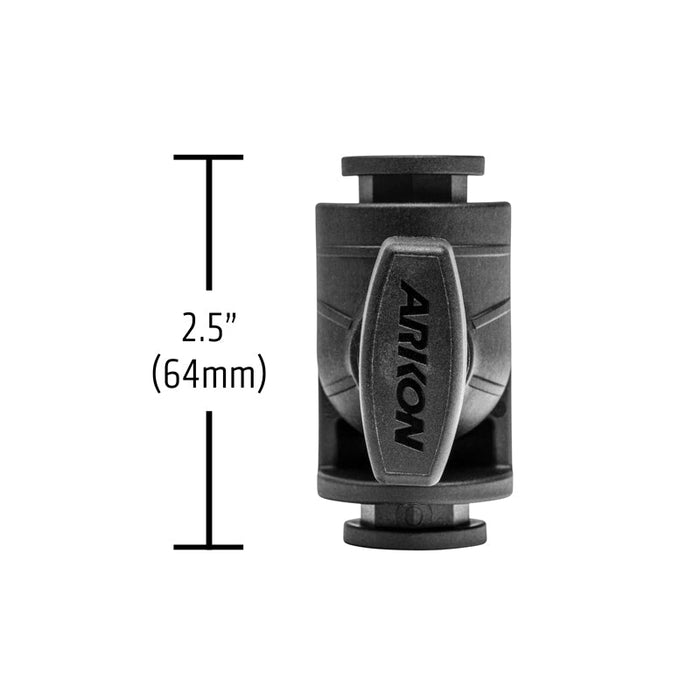 Black OCTO™ Series 2.5 inch Ratchet Elbow mounting component with single socket arm, shown vertically with measurement lines indicating a height of 2.5 inches (64mm), on a white background.