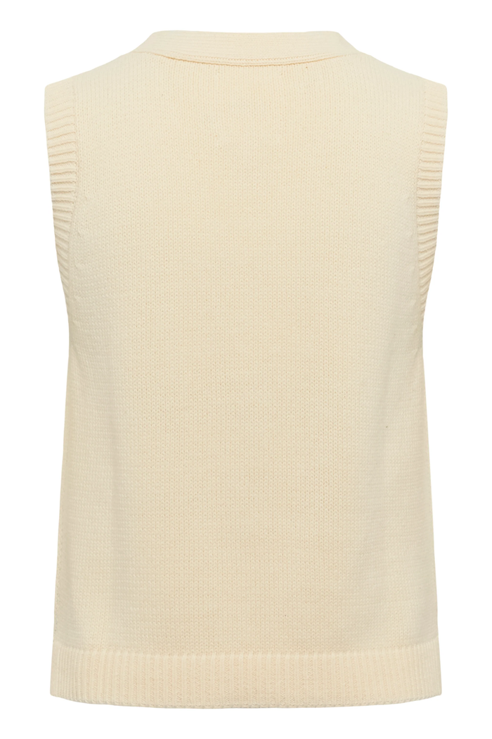 Model wearing the Part Two ChristinPW cream cable knit button-through waistcoat. Shop Part Two at Dotique.