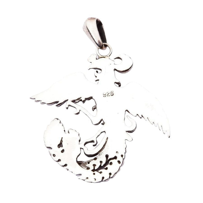The back view of the solid sterling silver phoenix pendant, showing the .925 authenticity hallmark stamp.