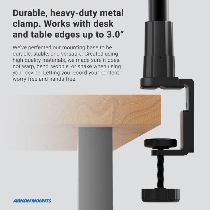 The RoadVise® Phone Holder with Clamp Mount and 12-inch Gooseneck attaches securely to desk or table edges up to 3 inches thick, showcasing strong device support and durable construction.