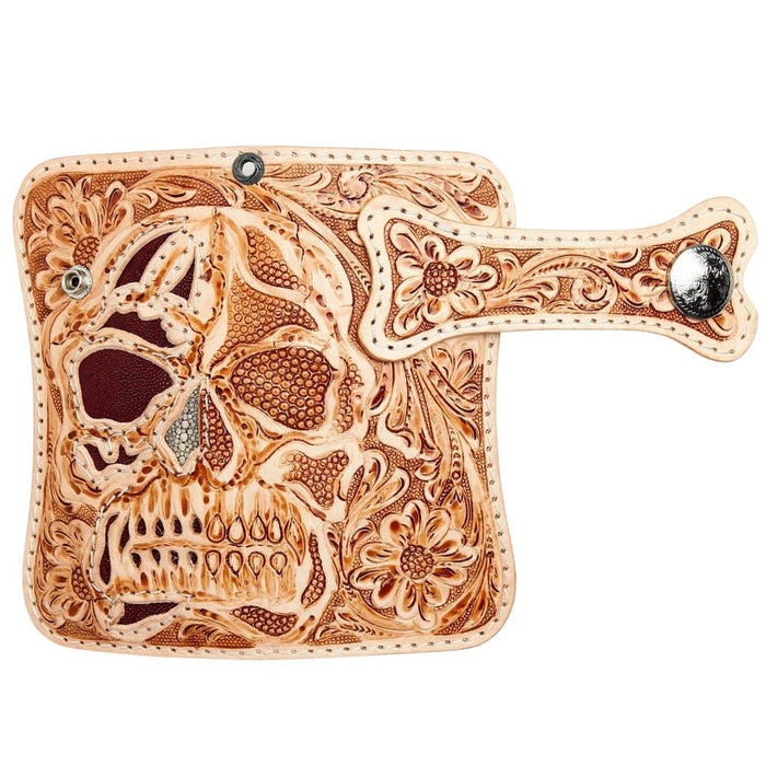 Skull design leather wallet unfolded showing full hand carved artwork and stingray inlays