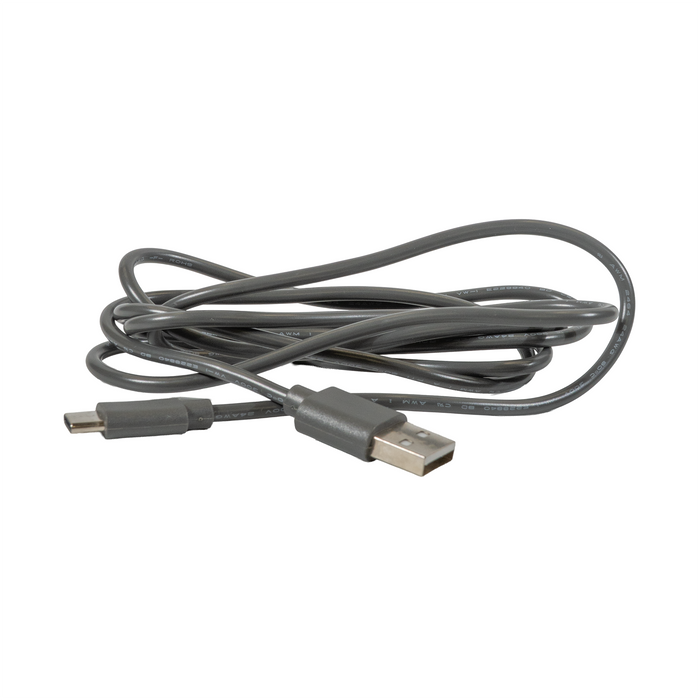 A gray USB-A to USB-C cable, coiled and shown against a plain white background.