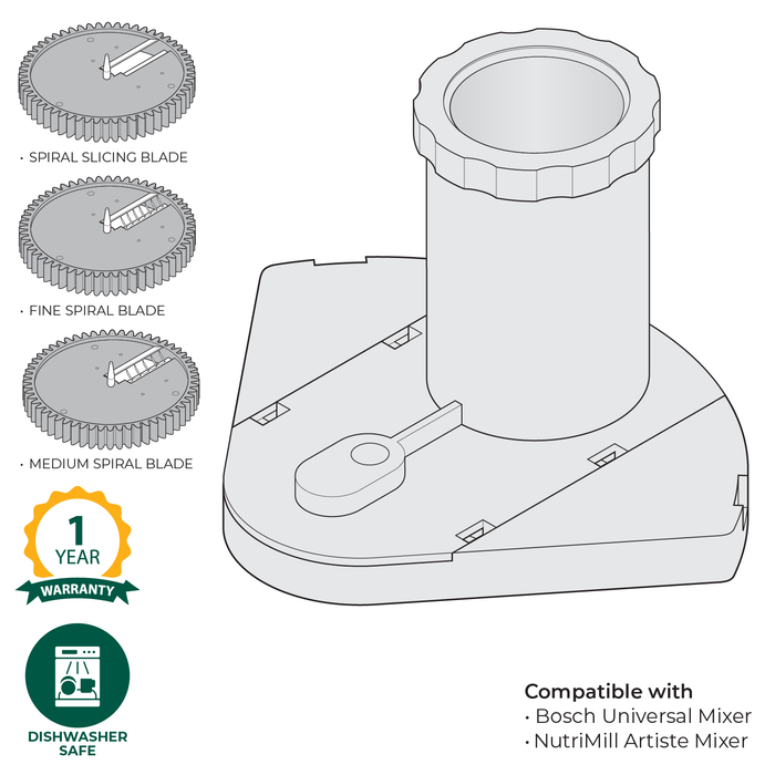 Technical illustration of the NutriMill spiralizer attachment and its parts, along with warranty and care information