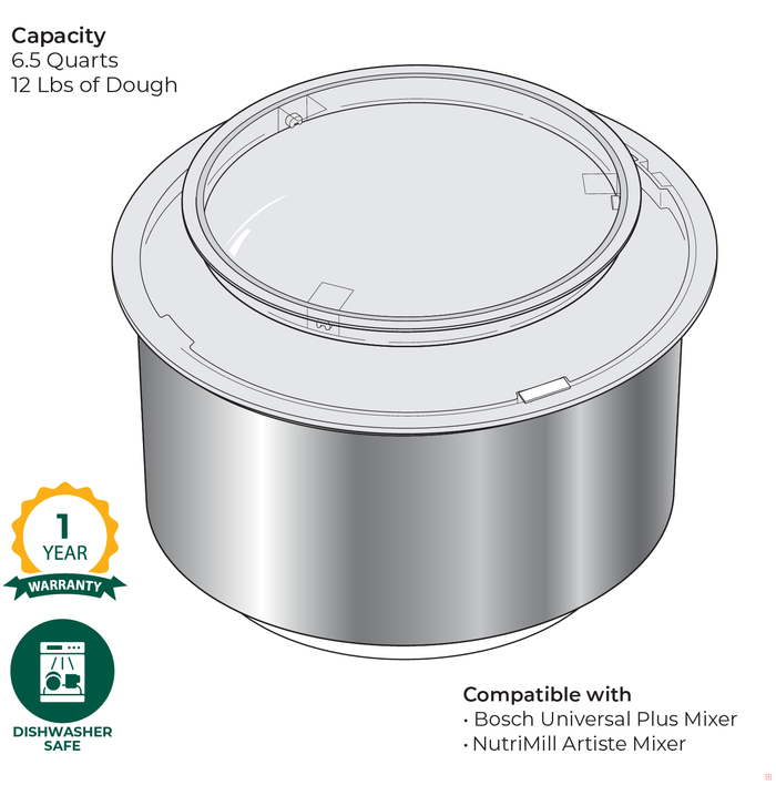 Diagram of Bosch stainless steel bowl with warranty logo and dishwasher safe logo