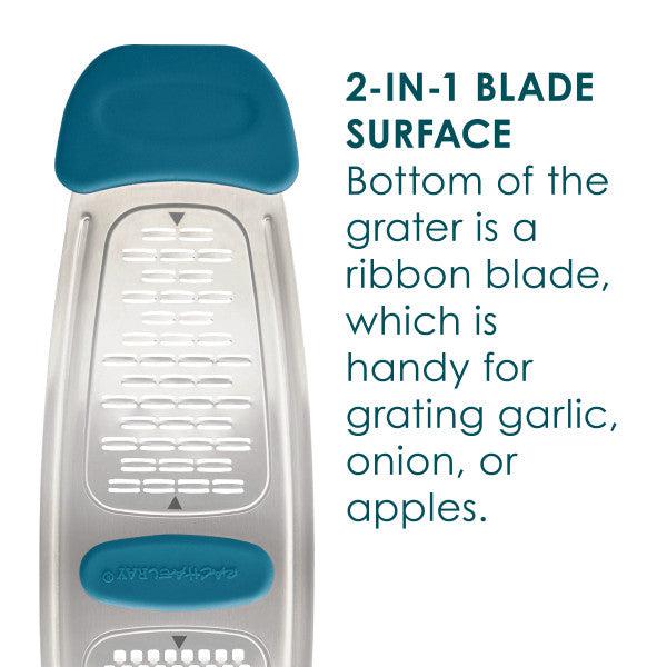 The Stainless Steel Multi-Grater features a robust stainless steel blade ideal for finely shredding and collecting citrus zest with precision. Its design includes a comfortable blue silicone handle to ensure ease of use in all your culinary tasks.