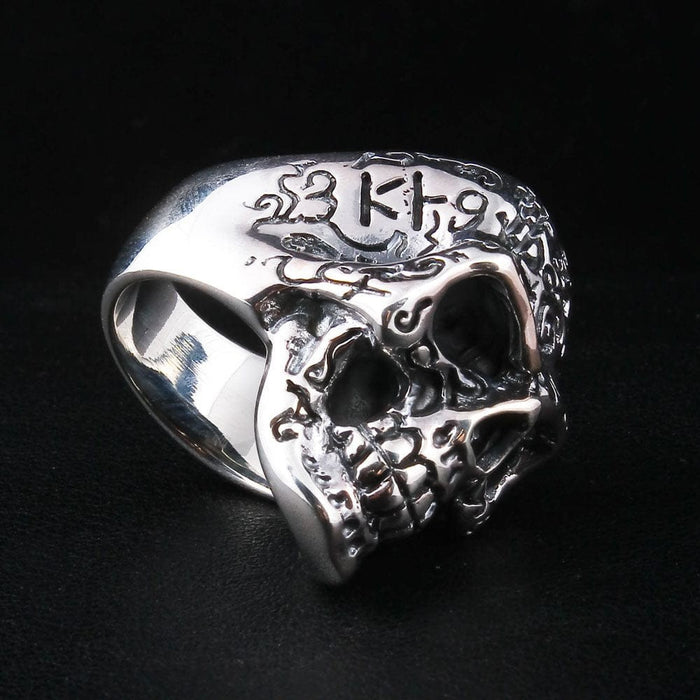 Heavyweight biker skull ring in 925 sterling silver with dollar sign engravings