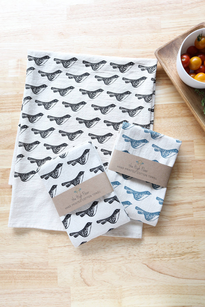 The High Fiber - Bird Kitchen Towel, Handprinted Bird Tea Towel: Black on Natural