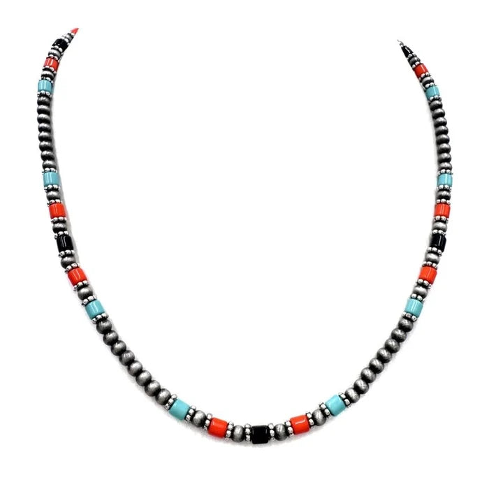 Turquoise and Coral Trinity Beaded Necklace