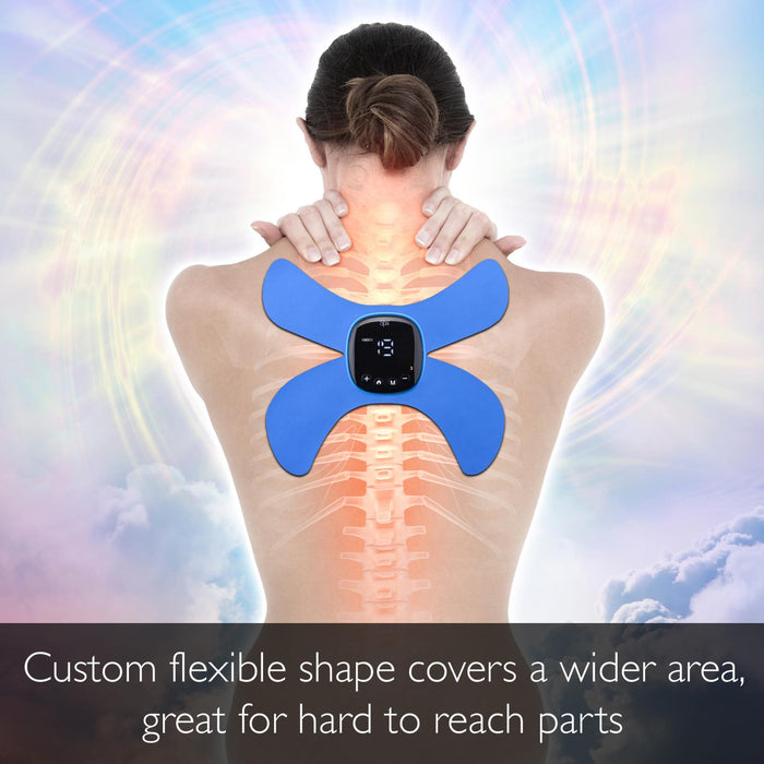 Person using a blue electronic device on their back - Buy Now Hot & Cold Massager + EMS & Heat Massager