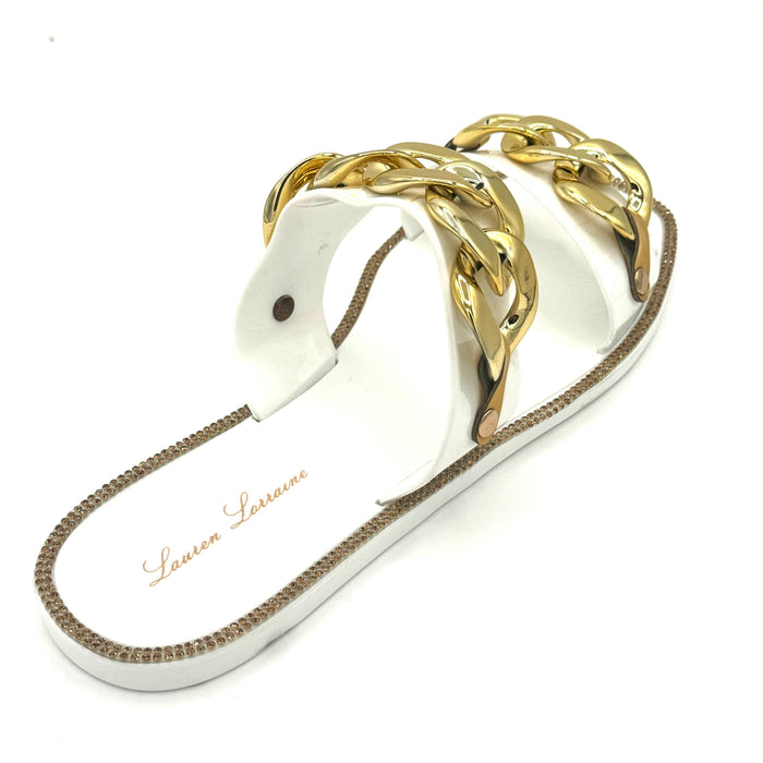 Women's Flat Sandal Gold Accent — Double-Banded Slip-On Sandal Chan