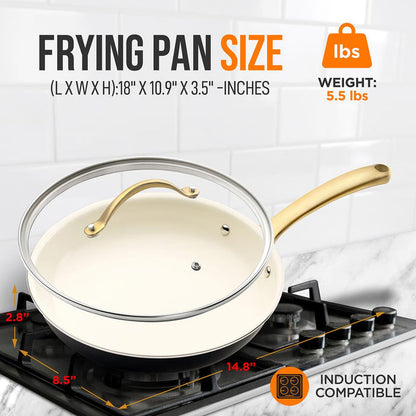 10" Non-Stick Frying Pan with Lid, Golden Titanium Handle, Easy Clean