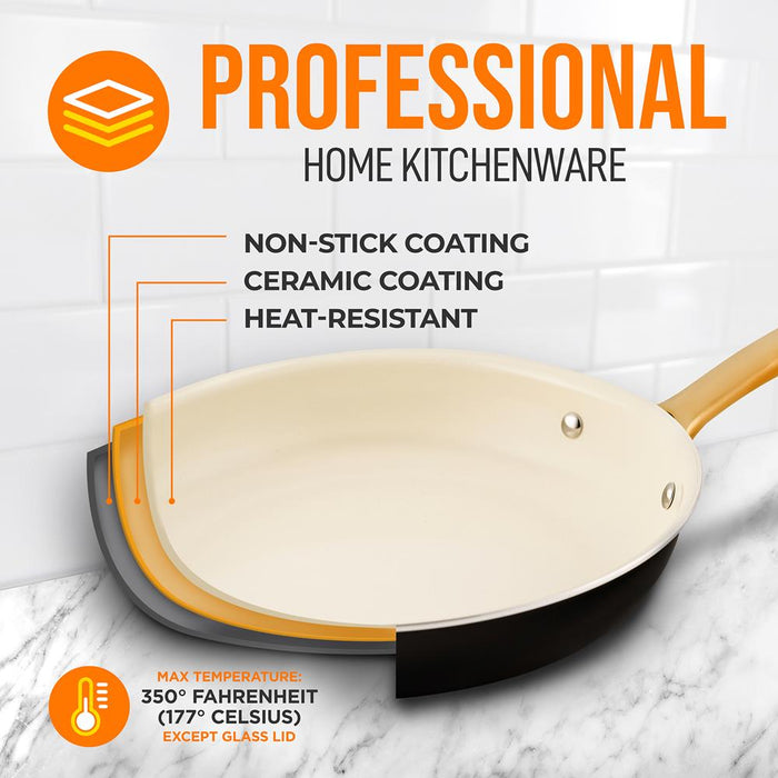 10" Non-Stick Frying Pan with Lid, Golden Titanium Handle, Easy Clean