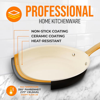 10" Non-Stick Frying Pan with Lid, Golden Titanium Handle, Easy Clean