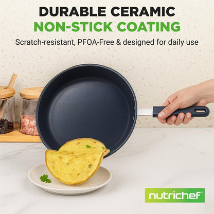 10" Nonstick Fry Pan - Easy Clean Ceramic Coating, Blue Silicone Handle