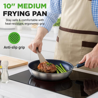 10" Nonstick Fry Pan - Easy Clean Ceramic Coating, Blue Silicone Handle
