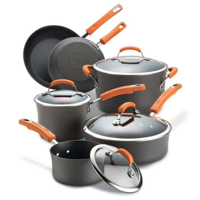 Introducing the 10-Piece Classic Brights Hard Anodized Nonstick Cookware Set, featuring a sleek gray finish with vibrant orange handles. Crafted from hard-anodized aluminum for enhanced durability, this nonstick collection includes a variety of pots and pans, perfect for any culinary adventure.
