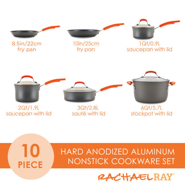 Explore our 10-Piece Classic Brights Hard Anodized Nonstick Cookware Set, which includes fry pans, saucepans, a sauté pan, and a stockpot crafted from hard-anodized aluminum for lasting durability. Experience effortless cooking with this versatile collection.