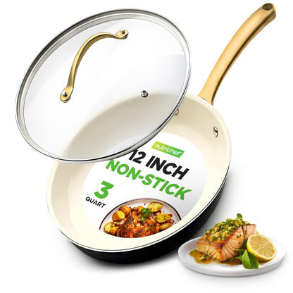 12" Non-Stick Frying Pan with Lid, Even Heat, Golden Titanium Handle