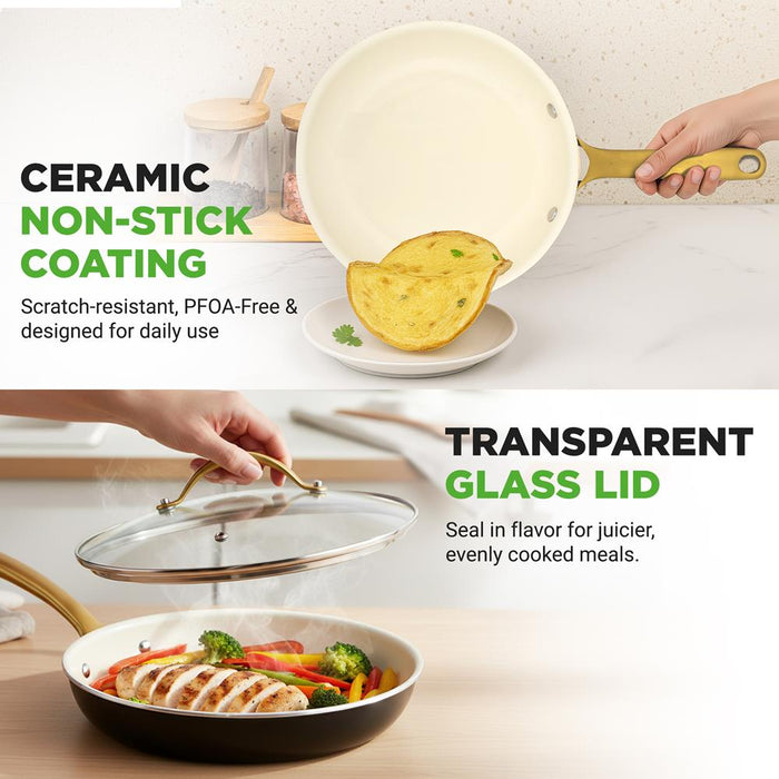12" Non-Stick Frying Pan with Lid, Even Heat, Golden Titanium Handle