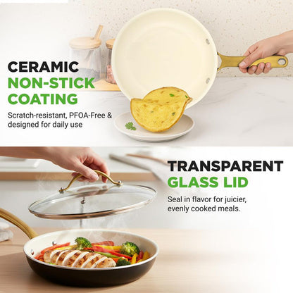 12" Non-Stick Frying Pan with Lid, Even Heat, Golden Titanium Handle